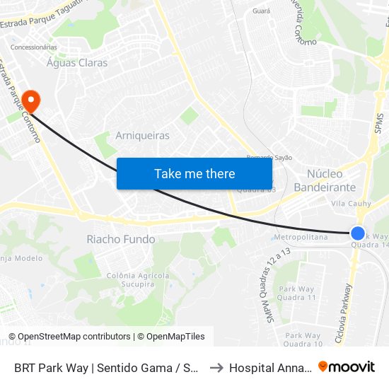 BRT Park Way | Sentido Gama / Santa Maria to Hospital Anna Nery map