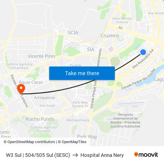 W3 Sul | 504/505 Sul (SESC) to Hospital Anna Nery map