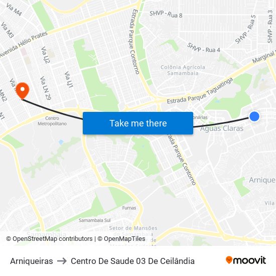 Arniqueiras to Centro De Saude 03 De Ceilândia map