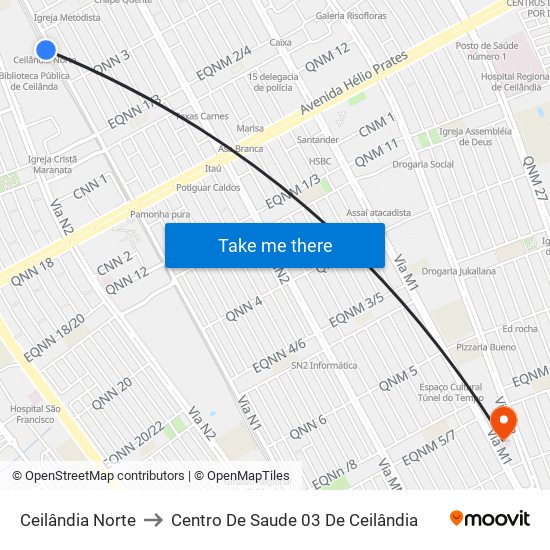 Ceilândia Norte to Centro De Saude 03 De Ceilândia map