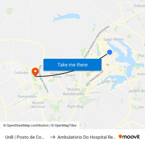 UnB | Posto de Combustíveis / Subway to Ambulatório Do Hospital Regional De Taguatinga - Hrt map