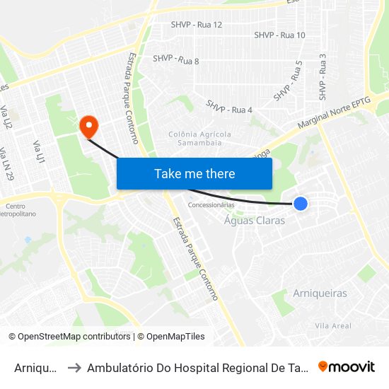 Arniqueiras to Ambulatório Do Hospital Regional De Taguatinga - Hrt map