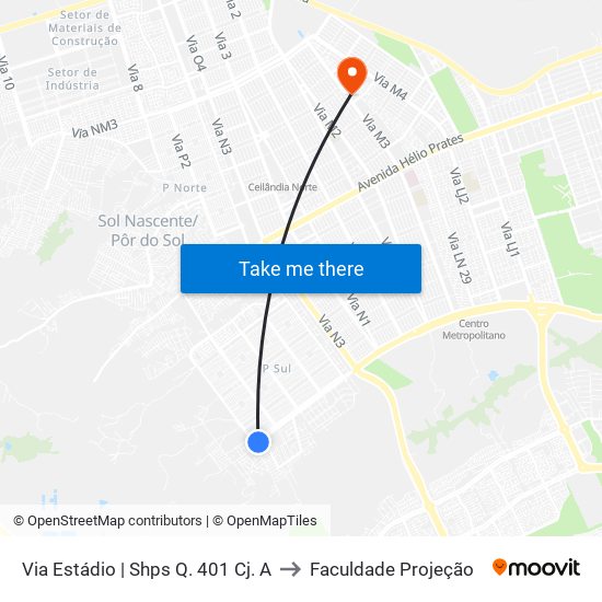 Via Estádio | Shps Q. 401 Cj. A to Faculdade Projeção map