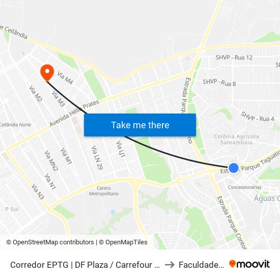 Corredor EPTG | DF Plaza / Carrefour / Sam's Club (Sentido Tag.) to Faculdade Projeção map