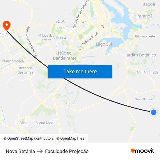 Nova Betânia to Faculdade Projeção map