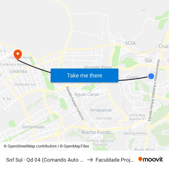 Sof Sul - Qd 04 (Comando Auto Peças) to Faculdade Projeção map