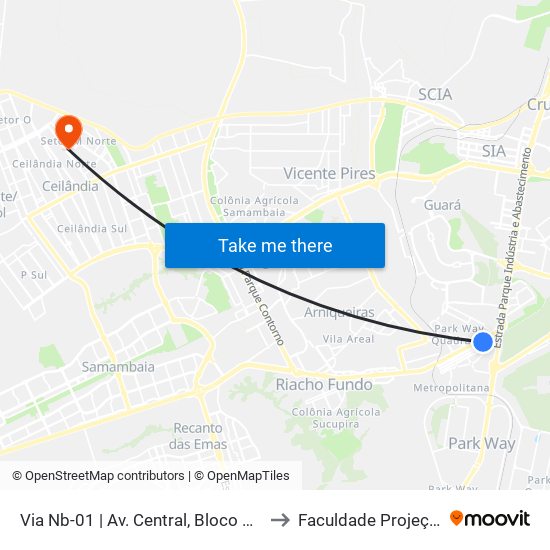 Via Nb-01 | Av. Central, Bloco 211 to Faculdade Projeção map