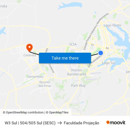 W3 Sul | 504/505 Sul (SESC) to Faculdade Projeção map