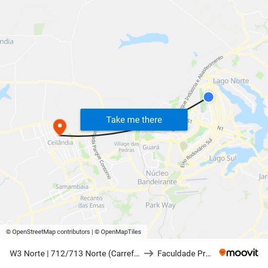 W3 Norte | 712/713 Norte (Carrefour Bairro) to Faculdade Projeção map