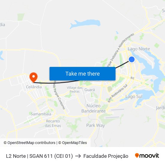 L2 Norte | SGAN 611 (CEI 01) to Faculdade Projeção map