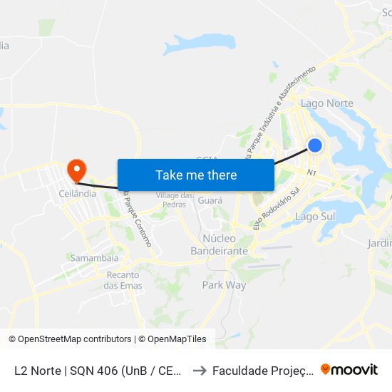 L2 Norte | SQN 406 (UnB / CEAN) to Faculdade Projeção map