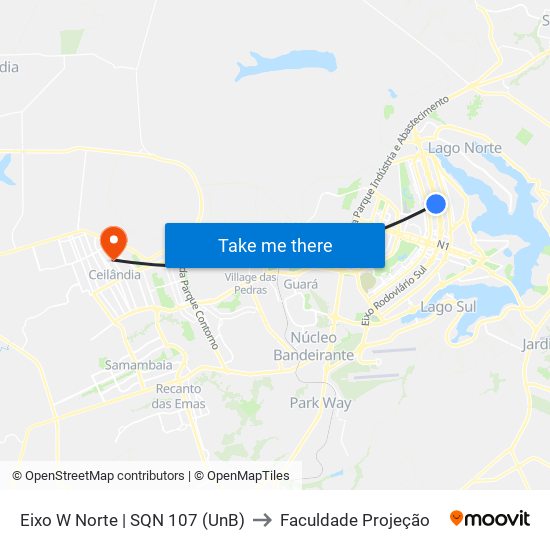 Eixo W Norte | SQN 107 (UnB) to Faculdade Projeção map