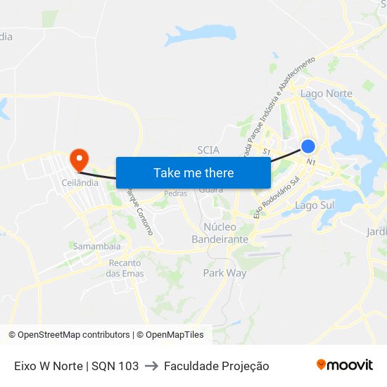 Eixo W Norte | SQN 103 to Faculdade Projeção map