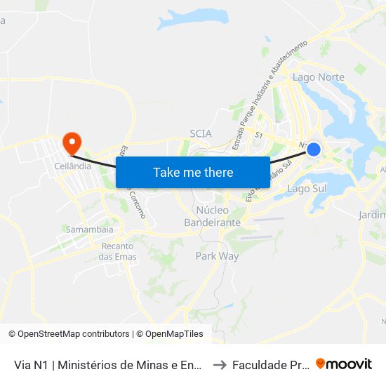 Via N1 | Ministérios de Minas e Energia / Turismo to Faculdade Projeção map