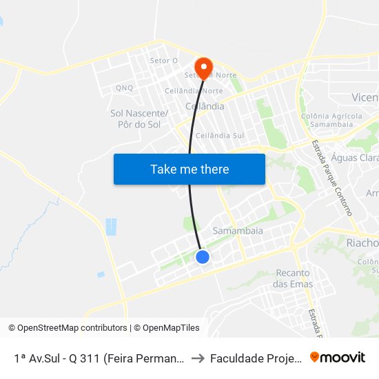 1ª Av.Sul - Q 311 (Feira Permanente) to Faculdade Projeção map