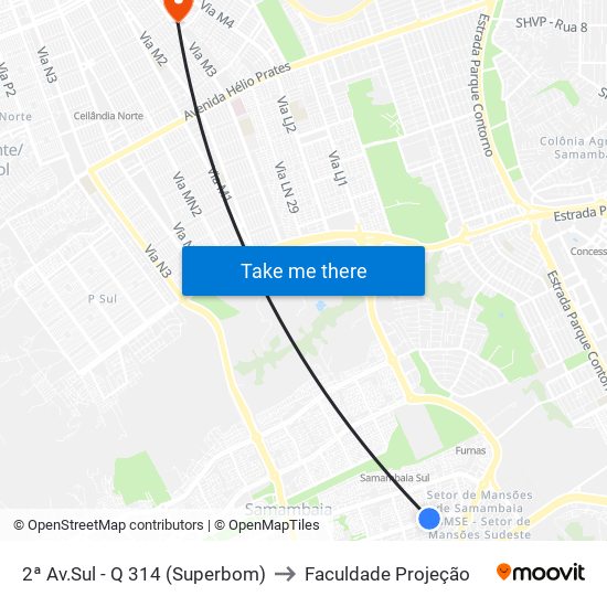 2ª Av.Sul - Q 314 (Superbom) to Faculdade Projeção map