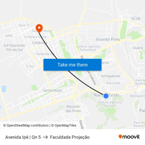 Avenida Ipê | Qn 5 to Faculdade Projeção map