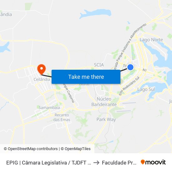 EPIG | Câmara Legislativa / TJDFT / CLUBE FM to Faculdade Projeção map