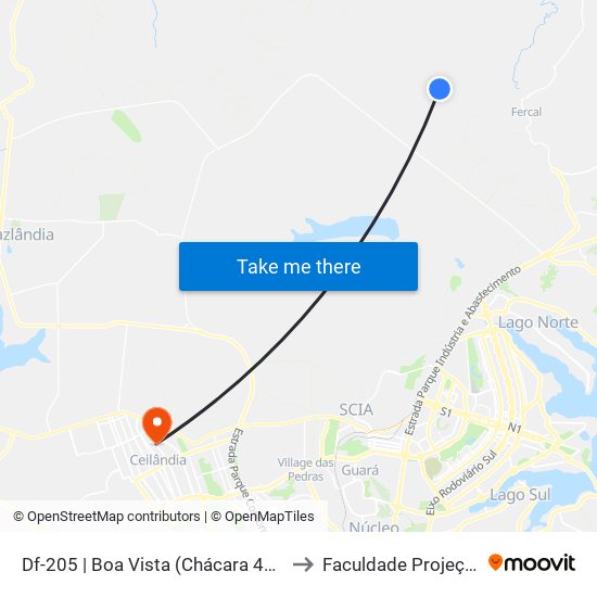 Df-205 | Boa Vista (Chácara 449) to Faculdade Projeção map