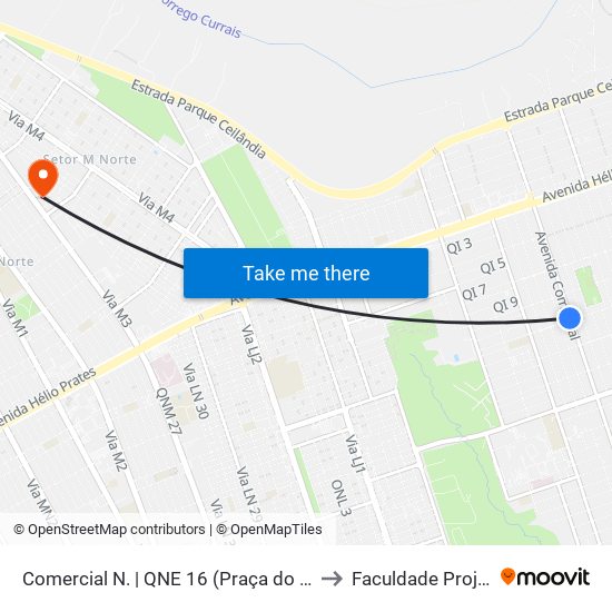 Comercial N. | QNE 16 (Praça do Bicalho) to Faculdade Projeção map