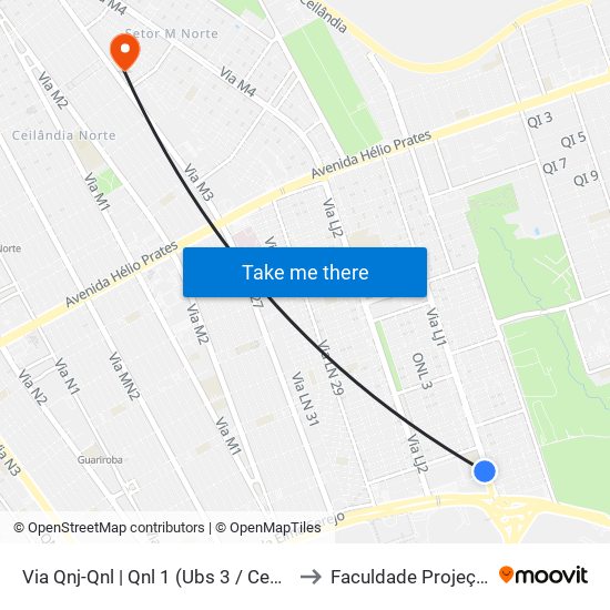 Via Qnj-Qnl | Qnl 1 (Ubs 3 / Ced 6) to Faculdade Projeção map