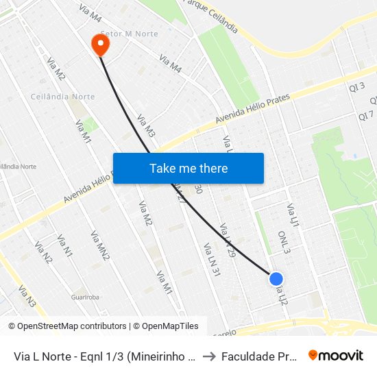Via L Norte - Eqnl 1/3 (Mineirinho Chopperia) to Faculdade Projeção map