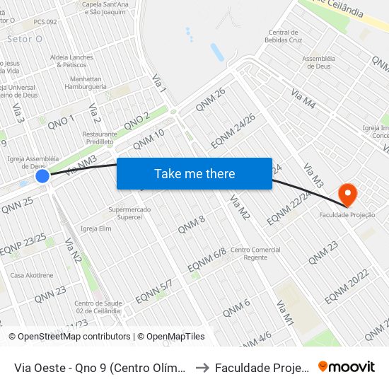 Via Oeste - Qno 9 (Centro Olímpico) to Faculdade Projeção map
