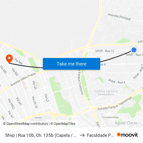 Shvp | Rua 10b, Ch. 135b (Capela / Fazendinha Bsb) to Faculdade Projeção map