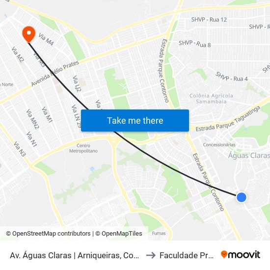 Av. Águas Claras | Arniqueiras, Conj. 6, Ch. 435 to Faculdade Projeção map