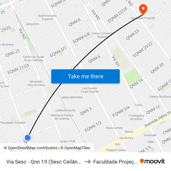 Via Sesc - Qnn 19 (Sesc Ceilândia) to Faculdade Projeção map