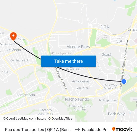 Rua dos Transportes | QR 1A (Banca Alternativa) to Faculdade Projeção map