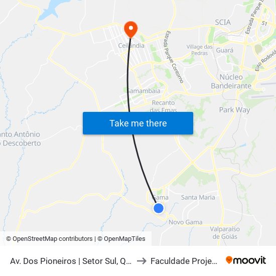 Av. Dos Pioneiros | Setor Sul, Qd. 1 to Faculdade Projeção map