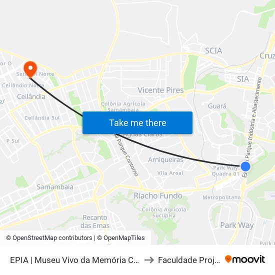 EPIA | Museu Vivo da Memória Candanga to Faculdade Projeção map