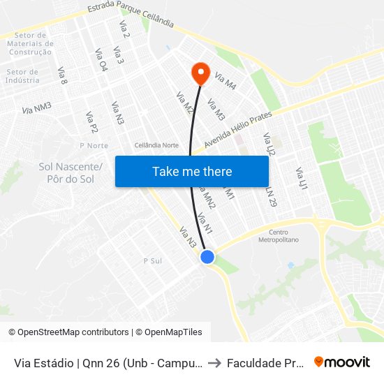 Via Estádio | Qnn 26 (Unb - Campus Ceilândia) to Faculdade Projeção map