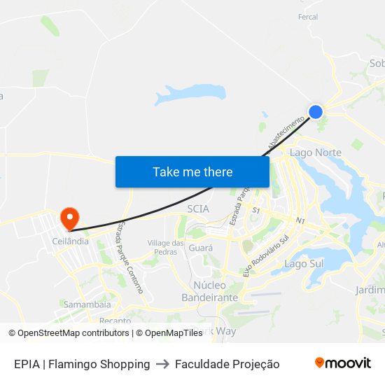 EPIA | Flamingo Shopping to Faculdade Projeção map