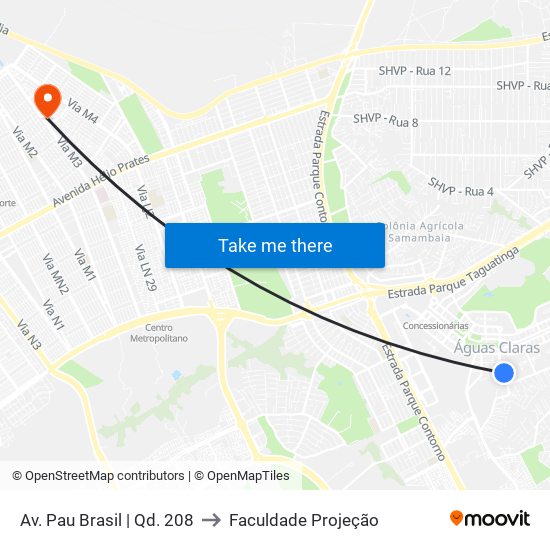 Av. Pau Brasil | Qd. 208 to Faculdade Projeção map