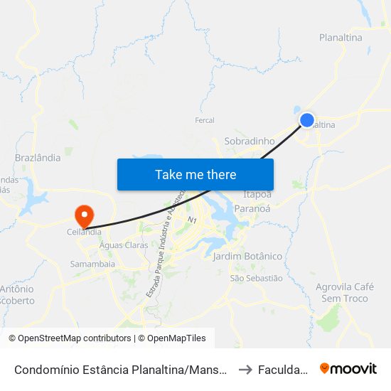 Condomínio Estância Planaltina/Mansões Itiquira - Próximo Ao Hotel Barrigão to Faculdade Projeção map