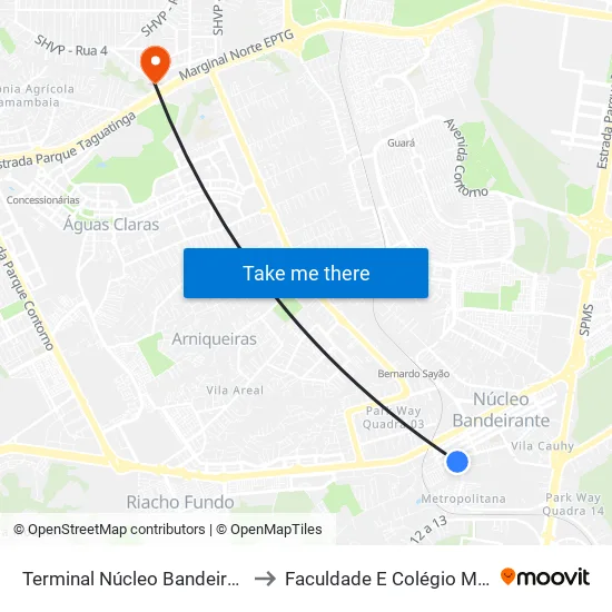 Terminal Núcleo Bandeirante to Faculdade E Colégio Mauá map