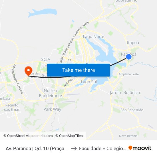 Av. Paranoá | Qd. 10 (Praça Central) to Faculdade E Colégio Mauá map