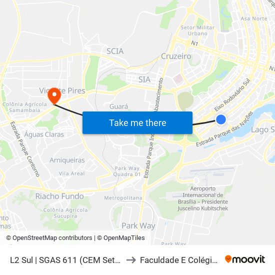 L2 Sul | SGAS 611 (CEM Setor Leste) to Faculdade E Colégio Mauá map