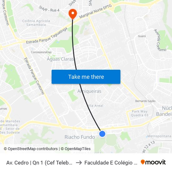 Av. Cedro | Qn 1 (Cef Telebrasília) to Faculdade E Colégio Mauá map