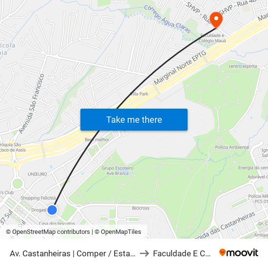 Av. Castanheiras | Comper / Estação Concessionárias to Faculdade E Colégio Mauá map