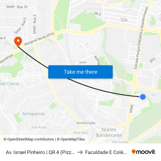 Av. Israel Pinheiro | QR 4 (Pizzaria Aurélio) to Faculdade E Colégio Mauá map