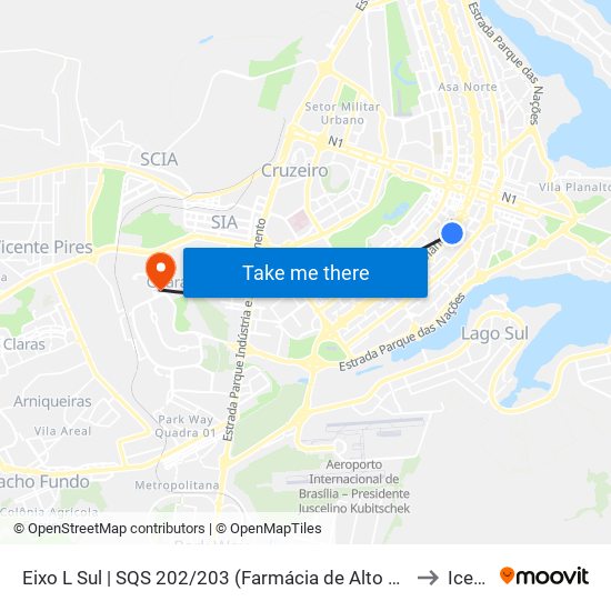 Eixo L Sul | SQS 202/203 (Farmácia de Alto Custo) to Icesp map