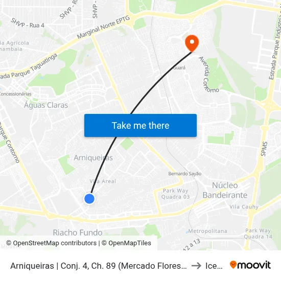 Arniqueiras | Conj. 4, Ch. 89 (Mercado Floresta) to Icesp map