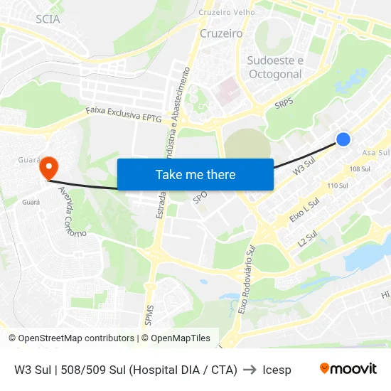 W3 Sul | 508/509 Sul (Hospital DIA / CTA) to Icesp map