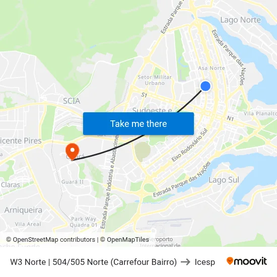 W3 Norte | 504/505 Norte (Carrefour Bairro) to Icesp map