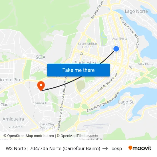 W3 Norte | 704/705 Norte (Carrefour Bairro) to Icesp map