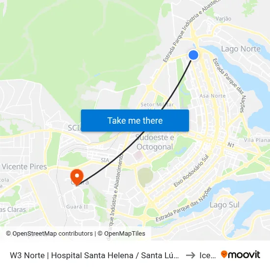 W3 Norte | Hospital Santa Helena / Santa Lúcia Norte to Icesp map