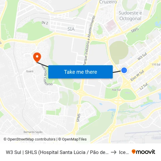 W3 Sul | SHLS (Hospital Santa Lúcia / Pão de Açúcar) to Icesp map
